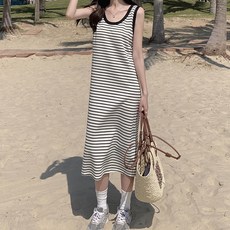 Goodif 女款條紋圓領無袖連身裙, 白色條紋