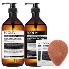 ecoliv 花香豐盈洗髮精 1000ml+薰衣草護理沐浴露 1000ml+臉部清潔海綿+沐浴露隨身包 10ml 2入, 1套