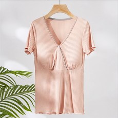 V領條紋短袖哺乳上衣