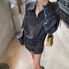 ViVEMO 女款Herin條紋附腰帶半垂墜襯衫 + 腰帶套組 11431