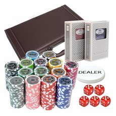 籌碼幣 300入+棕色皮革盒子+撲克牌 2入+贈品組合, 混合顏色