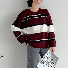 TKNIT 女款寬鬆版型側開衩撞色條紋圓領針織衫