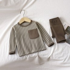 EYOUMONG 兒童基本款圓領胸前口袋睡衣長袖 + 長褲套裝 E5W170