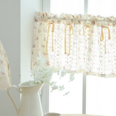 Maison Textile 浪漫花園刺繡蕾絲遮光短窗簾 蝴蝶結款, 象牙白
