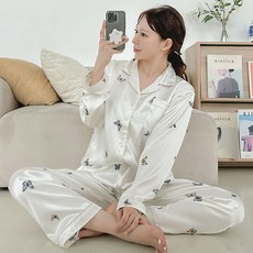 코코드림 여성용 나비 실크 셔츠 카라 잠옷 상하의 세트 #BNN5056