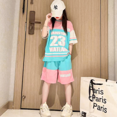 Oranjedamom 女童藍粉配色23短袖褲子套裝