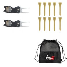 NAYASTYLE 高爾夫果嶺叉修補器 2入 + 木製高爾夫短球梯 10入 + 收納袋套組 GFYP-39-4 + 182-1PU, 混合色