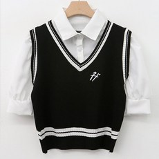 TEETAK 女款日常翻領泡泡袖襯衫疊穿短版V領刺繡針織背心 TTCF08