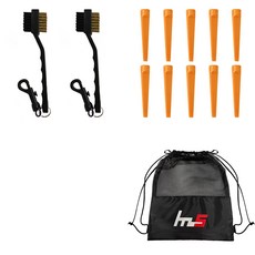 NAYASTYLE 高爾夫球桿桿頭清潔器 黑色 2入 + 塑膠高爾夫長球釘 橘色 10入 + 收納袋組合 GFYP-32-3 185-4PU, 混合顏色