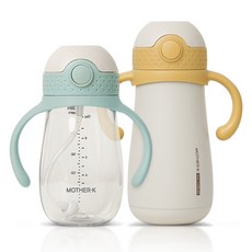 마더케이 유아용 허그 보온 빨대컵 + 추 빨대컵 세트, 650ml, 1세트, 머스터드 + 민트