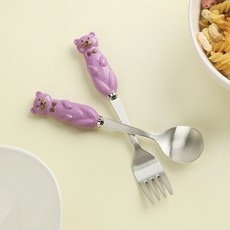 BOGEN 韓國製 嬰幼兒用 Cocomie 小熊湯匙叉子組, 紫色, 湯匙 + 叉子