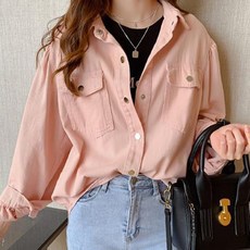 구디프 여성용 포근색감 러블리 벌룬소매 데님 셔츠