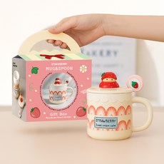레토 딸기 머그컵 + 뚜껑 + 스푼 선물패키지 세트 400ml LMC-S03, 아이보리, 1세트