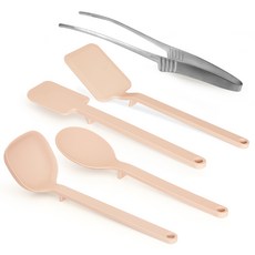 4款不沾底矽膠炊具Ribbon J+不銹鋼肉鉗套組, 5種, 米色(炊具), 1組