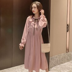 孕婦荷葉邊領結帶細褶連身裙