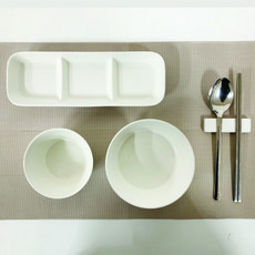 Paulus 簡約單人餐具組 4件組, 白色, 1套, 飯碗 + 湯碗 + 筷架 + 圓形3格分隔盤