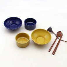 Dalsogum 韓國製陶瓷亮面 2人份飯碗湯碗組, 飯碗2款 + 湯碗2款, 檸檬黃, 藍色