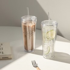 SSUEIM 冰飲吸管隨行杯組, 花朵款 + 微笑款 透明色, 500ml, 2個