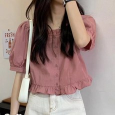 PEONIST 女款粉彩甜美泡泡袖荷葉邊短袖襯衫