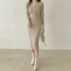 女款修身羅紋連身長裙, 棕色