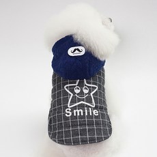 星星微笑鬍鬚格紋連帽狗狗外套, 海軍藍, 1個