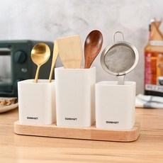 MMMII 3格分離式多功能餐具筒 + 木製底座組合 FM166, 白色(餐具筒), 1套