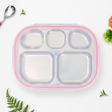 RAONNURI 兒童款精製全不鏽鋼5格幼兒園便當盒 B型, 粉色