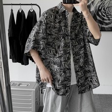 블랙101 남성용 로드리츠 하와이안 반팔 오버핏 셔츠 B234MF00182