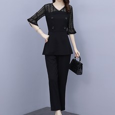 ATTERLIC 大尺碼雙釦蕾絲肩部透視九分褲西裝套裝 00114