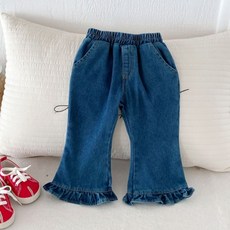 EYOUMONG 兒童寬鬆版型牛仔鬆緊帶荷葉邊長褲 E6S337