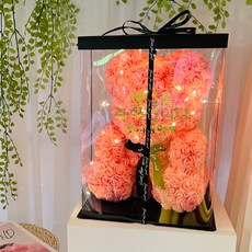 Lovely Palm 花朵熊娃娃 + 專用盒 + 緞帶裝飾 + LED燈 + 刻字貼紙 全套組合 生日 L, 珊瑚色, 1個