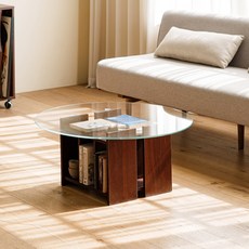 레트로하우스 파레드 원형 거실테이블 800 고객직접설치, 클리어 + 월넛