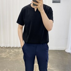 아도르클래식 남성용 브이 트임 헨리넥 부드러운 스판 반팔티