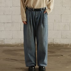 플레이즈 남성용 원핀턱 와이드 벌룬 청바지