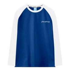 Granfinny 中性款印花拼色長袖T恤 GFNR01, 雪白(塵藍)