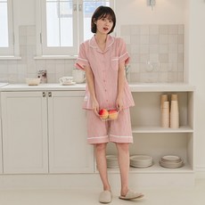 찌니야 여성용 통기성 루이체크 카라 순면 반팔 상하 세트 8106