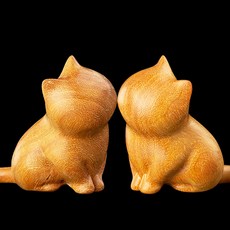 Homeflow 圓滾滾可愛原木貓咪裝飾品 歪頭貓 2件組, 混合色