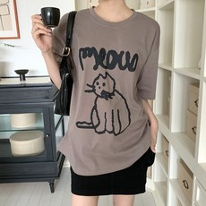 시크블랙 여성용 통기성 디브노 라운드넥 미우캣 프린팅 박스 반팔 티셔츠 cpt14679k42