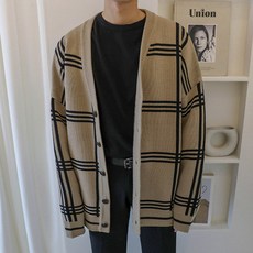 JTL 男款百搭深V領格紋寬鬆針織外套