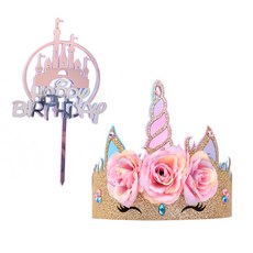 市集感性 公主皇冠 生日髮箍 蛋糕插牌組合 款式2, 隨機出貨, 1套