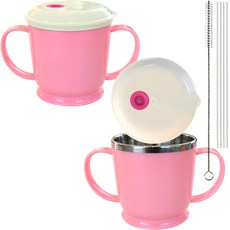 防漏不鏽鋼吸管學習杯 2入+吸管清潔刷組, 馬卡龍草莓粉, 1組