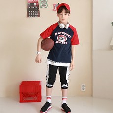 Nanajuni 男童款橄欖球印花短袖T恤+6分褲套裝