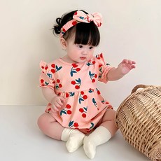 JOYMULTI MK 女童櫻桃荷葉邊短袖包屁衣 + 髮帶套組