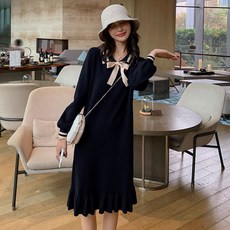 LUNA GIRL 女款袖口蝴蝶結領針織連身裙, 黑色
