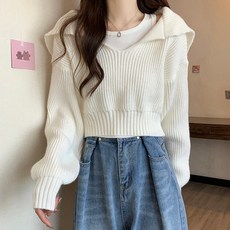 구디프 여성용 V넥 레이어드 스타일 크롭 벌룬 니트