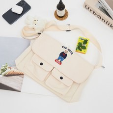 jeballot 小熊雙口袋簡約斜背郵差包, 象牙白