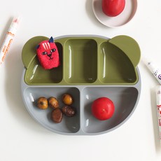 ade.l 孩童矽膠餐盤組, 淺灰色+橄欖綠, 3格餐盤(大)+3格餐盤(小)