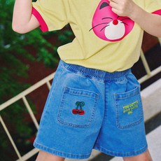 minidou 女童愛心櫻桃牛仔短褲