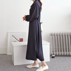 Borimam 翻領綁帶長袖大尺碼長版連身裙 孕婦裝 R583