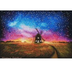 家居裝飾 風車與日落 十字繡圖案 + 布料 + 繡線 + 針 2p套組, 混合色, 1套